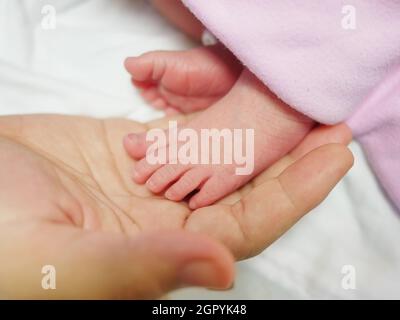 Ein hübscher kleiner Fuß eines Neugeborenen-Babys, der auf die Hand ihrer Mutter gelegt wird, sieht so nährend aus