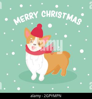 Niedlichen Corgi Hund mit Weihnachtsmann Hut und Schal Vektor-Illustration. Winter Grußkarte mit lustigen Tier. Weihnachtsposter für das neue Jahr Stock Vektor