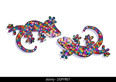 Zwei Eidechsen isoliert auf weißem Hintergrund. Dekorative Gecko-Eidechse mit bunten Punktmustern. Bunte Souvenir-Figur. Vektorgrafik Stock Vektor