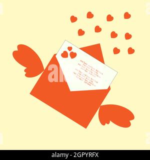 Roter Umschlag mit Flügeln und Herzen mit herzlichen Glückwünschen zum Valentinstag. Stock Vektor