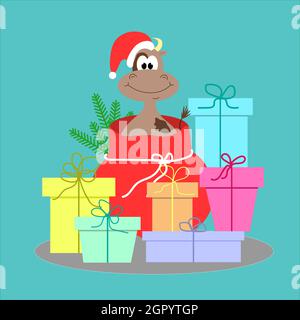 Weihnachtsbulle in einer Tasche mit Geschenken. Stock Vektor