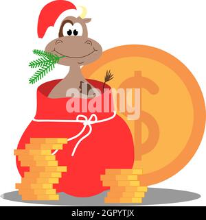 Weihnachtsbulle in einer Tüte Geld. Stock Vektor