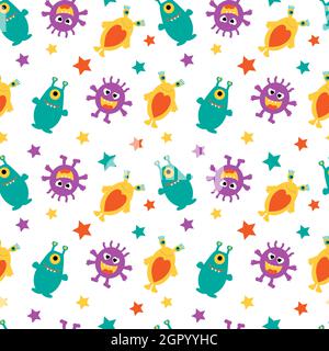 Lustige Aliens und bunte Sterne auf einem weißen nahtlosen Hintergrund. Stock Vektor