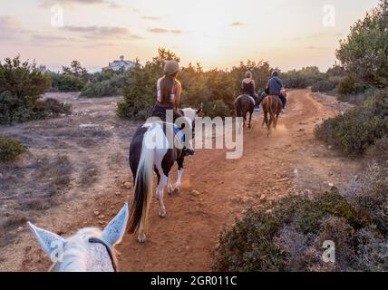 Georges Ranch Reiten Sonnenuntergang Trek, Peyia, Paphos, Zypern. Stockfoto