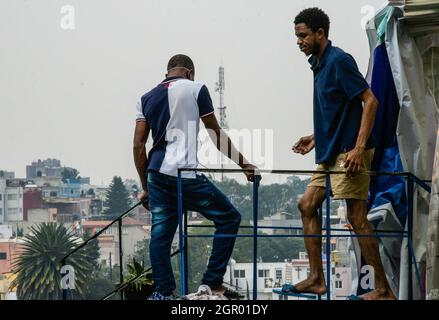 Non Exclusive: Haitianische Migranten ruhen während ihres Aufenthalts im Hostel Tochan, einer Stiftung, die Migranten auf ihrer Reise durch Mexiko zu den Vereinten Nationen unterstützt Stockfoto