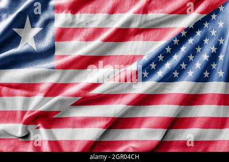 Gemischte Flagge der USA und Liberia, dreidimensionale Darstellung Stockfoto