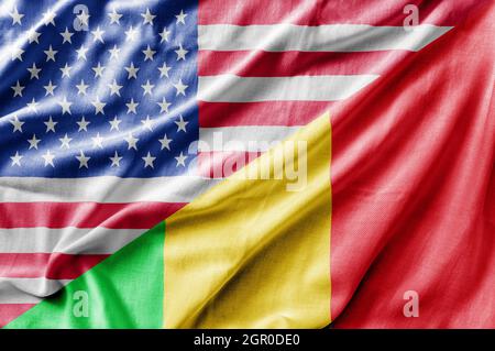 Gemischte Flagge der USA und Malis, dreidimensionales Rendern Stockfoto