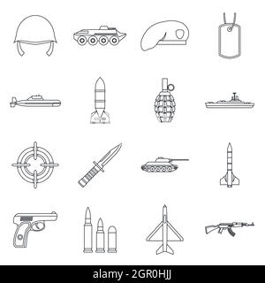 Militärische Symbole gesetzt, Umriss-Stil Stock Vektor