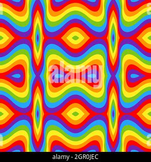 Regenbogen opt Kunst Hintergrund. Nahtloses Vektormuster. LGBT-Farben. Abstraktes geometrisches Streifenmuster. Vektorgrafik. Wellenmuster. Stock Vektor