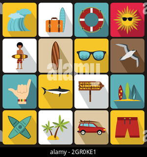 Surfen Icons set, flach Stil Stock Vektor