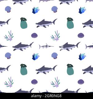Seetier nahtloses Muster mit Hummerkopfhai, Korallen und Seeanemone, Muschel. Unterwasser Welt Bewohner drucken. Handgezeichnete Unterwasserdarstellung des Lebensvektors. Lustige Cartoon Meerestiere Stock Vektor