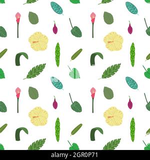 Tropische Blätter und Blumen nahtloses Muster. Botanische Struktur mit gelbem Hibiskus, Calla Lily und grünen Blättern. Niedlicher Babyprint für Stoff und Textil. Stock Vektor