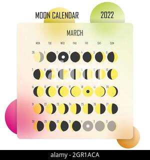 März 2022 Mondkalender. Astrologisches Kalenderdesign. planer. Platz für Aufkleber. Modell des Monatszyklus-Planers. Isolierte bunte Glasmorphismus Stock Vektor