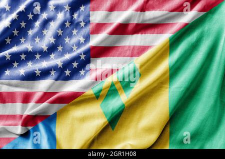Gemischte Flagge der USA und St. Vincent und der Grenadinen, dreidimensionale Darstellung Stockfoto