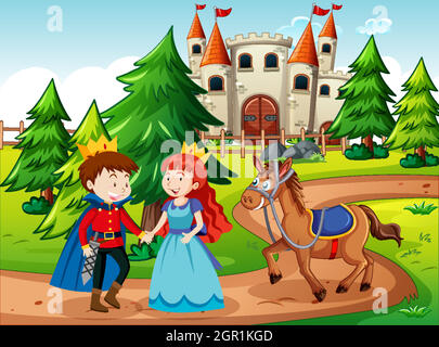 Szene mit Prinz und Prinzessin auf dem Schloss Stock Vektor