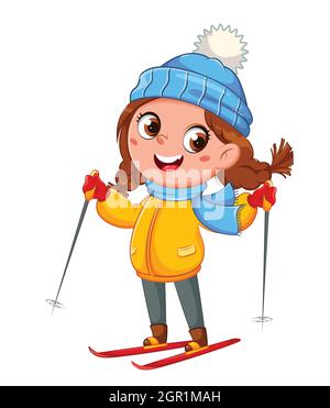 Kinder Skifahren, nette Skifahrer Mädchen Cartoon-Figur, Wintersport. Hallo Winterkonzept. Vektorgrafik auf weißem Hintergrund Stock Vektor