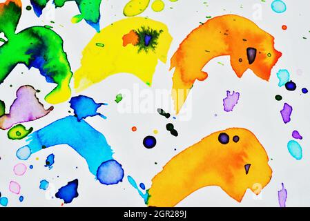 Fröhliche abstrakte Aquarell Hintergrund von lebendigen Anilin-Farben, Aquarell gemacht. Stockfoto