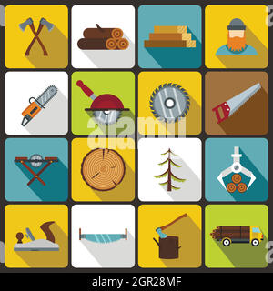 Holz Industrie Icons set, flach Stil Stock Vektor