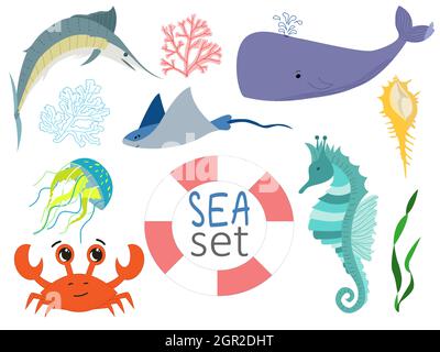 Niedliche Vektor-Marine-Charaktere. Schwertfisch, Seepferd, Krabbe, Stachelrochen, Wal, Unkraut auf weißem Hintergrund. Stock Vektor