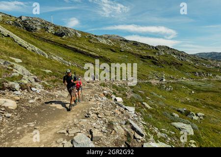 VESTLAND COUNTY, NORWEGEN - 26. JULI 2019: Wanderer auf dem Wanderweg nach Trolltunga Stockfoto