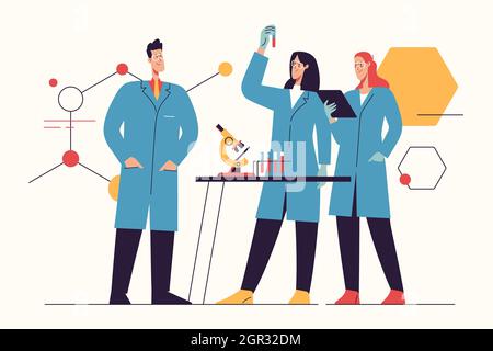 Vektordarstellung, die eine Gruppe von Wissenschaftlern zeigt, die in einem Labor arbeiten, Tests durchführen und forschen. Bearbeitbare Kontur Stock Vektor