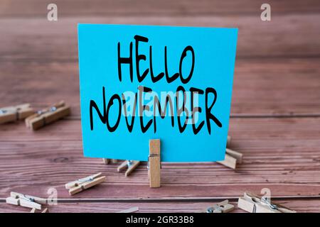 Konzeptionelle Bildunterschrift Hallo November. Business Overview Willkommen den elften Monat des Jahres Monat vor Dezember Blank Square Note umgeben von Stockfoto