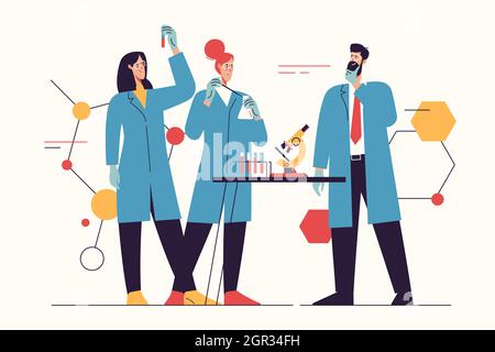 Vektordarstellung, die eine Gruppe von Wissenschaftlern zeigt, die in einem Labor arbeiten, Tests durchführen und forschen. Bearbeitbare Kontur Stock Vektor