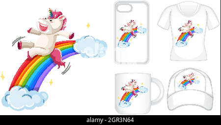 Grafikdesign auf verschiedenen Produkten mit Einhorn auf Regenbogen Stock Vektor