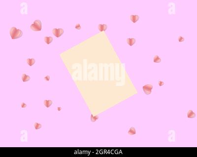 Top view of a piece of paper on a pink background with hearts Stockfoto