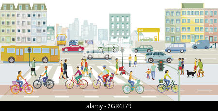 Stadtlandschaft mit Straßenverkehr und Fußgängern, Illustration Stock Vektor