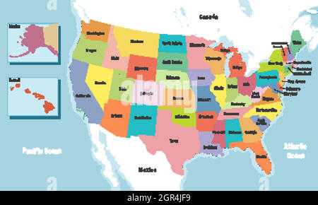 Karte der Vereinigten Staaten von Amerika mit Namen der Bundesstaaten Stock Vektor