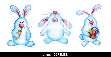Aquarell Illustration Set von Osterhasen blau. Nette Zeichentrickfilm Hasen Zeichnung für Kinder. Ostern, Tradition, Religion. Isoliert auf weißem Hintergrund Stockfoto