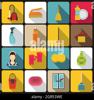 Haus Reinigung Icons set, flach Stil Stock Vektor