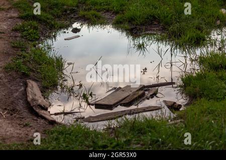 Eine Pfütze auf einer schlammigen Straße. Alte Bretter liegen im Wasser Stockfoto