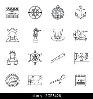 Columbus Day Icons Set, Umriss-Stil Stock Vektor