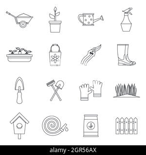 Gartenarbeit Icons Set, Umriss-Stil Stock Vektor