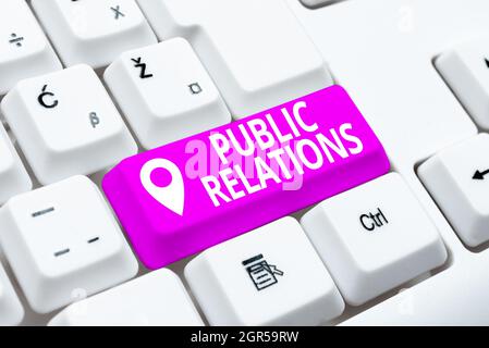 Textunterschrift mit Darstellung von Public Relations. Geschäftsansatz Zustand der Beziehung zwischen der Öffentlichkeit und einem Unternehmen, das einen neuen Online-Shop erstellt Stockfoto