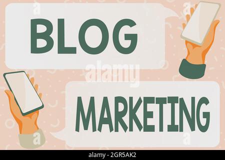 Textschild mit Blog-Marketing. Konzeptionelles Foto jeder Prozess, der eine Website via Blog veröffentlicht oder wirbt Abstract Typing Scientific Articles Stockfoto