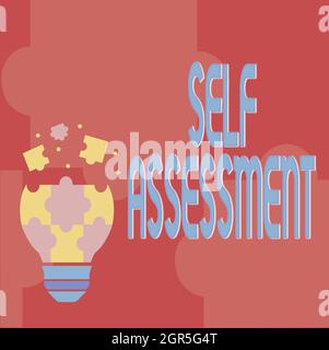 Schild mit der Selbsteinschätzung. Geschäftsidee Bewertung von sich selbst oder einer s ist Handlungen und Einstellungen Abstraktes Brainstorming Problem und Lösung Stockfoto