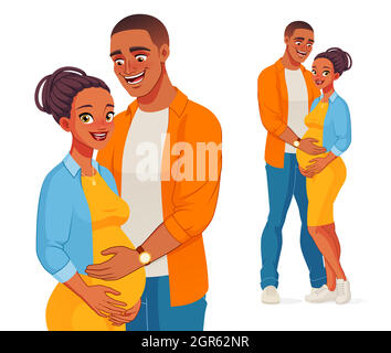 Glücklicher afroamerikanischer Mann, der den Bauch seiner Schwangeren hält. Vektorgrafik. Stock Vektor