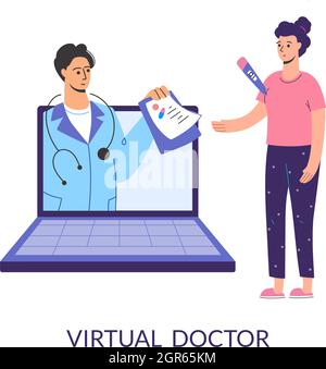 Virtueller Arzt. Holen Sie sich Krankenurlaub online mit Ihrem Laptop. Mobile Beratung, kompetente medizinische Hilfe. Moderne Telemedizin, Zeichentrickfigur, Vektor. Stock Vektor