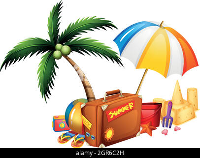 Sommerthema mit Koffer und Spielzeug Stock Vektor