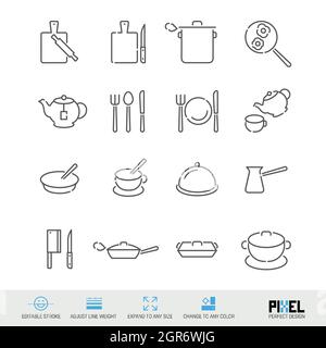 Symbol für die Vektorlinie für Küchengeräte ist isoliert auf Weiß eingestellt. Pixel perfektes Design. Bearbeitbare Kontur. Linienstärke anpassen. Auf beliebige Größe erweitern. In A ändern Stock Vektor