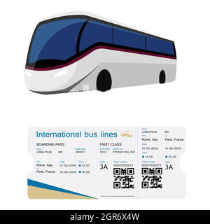 Weltreise- und Tourismuskonzept. Ticket mit QR-Code, Design der Vorlage für Bordkarten-Tickets. Bus-, Flug-, Zug- und Kreuzfahrtlinien. Vektor Stock Vektor