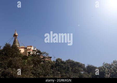 Swayambhunath, auch Monkey Temple genannt, liegt im Herzen von Kathmandu, Nepal und ist bereits von der UNESCO zum Weltkulturerbe erklärt worden Stockfoto