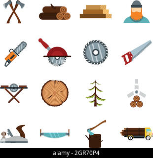Holz Industrie Icons set, flach Stil Stock Vektor
