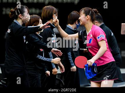 Doha, Katar. September 2021. Nagasaki Miyu (1. R) aus Japan feiert das Finale der Frauen-Teams bei den ITTF-ATTU Asienmeisterschaften 2021 in Doha, Katar, am 30. September 2021. Kredit: Nikku/Xinhua/Alamy Live Nachrichten Stockfoto