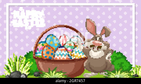 Posterdesign für ostern mit osterhase und bemalten Eiern im Garten Stock Vektor