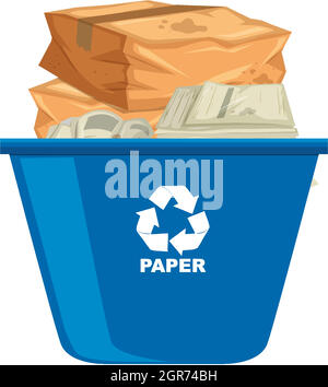 Blaue Papierkorb mit Recycling-Symbol auf weißem Hintergrund Stock Vektor