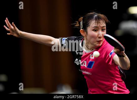 Doha, Katar. September 2021. Hayata Hina aus Japan tritt beim Finale der Frauen-Teams bei den ITTF-ATTU Asienmeisterschaften 2021 in Doha, Katar, am 30. September 2021 gegen Jeon Jihee aus Südkorea an. Kredit: Nikku/Xinhua/Alamy Live Nachrichten Stockfoto